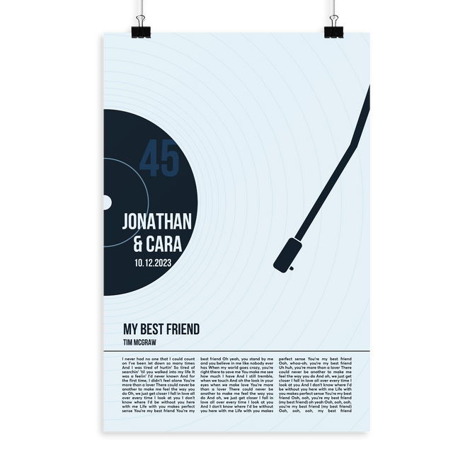 Custom Song Lyrics Framed Art Print, Ice Blue Vinyl Record Wall Art