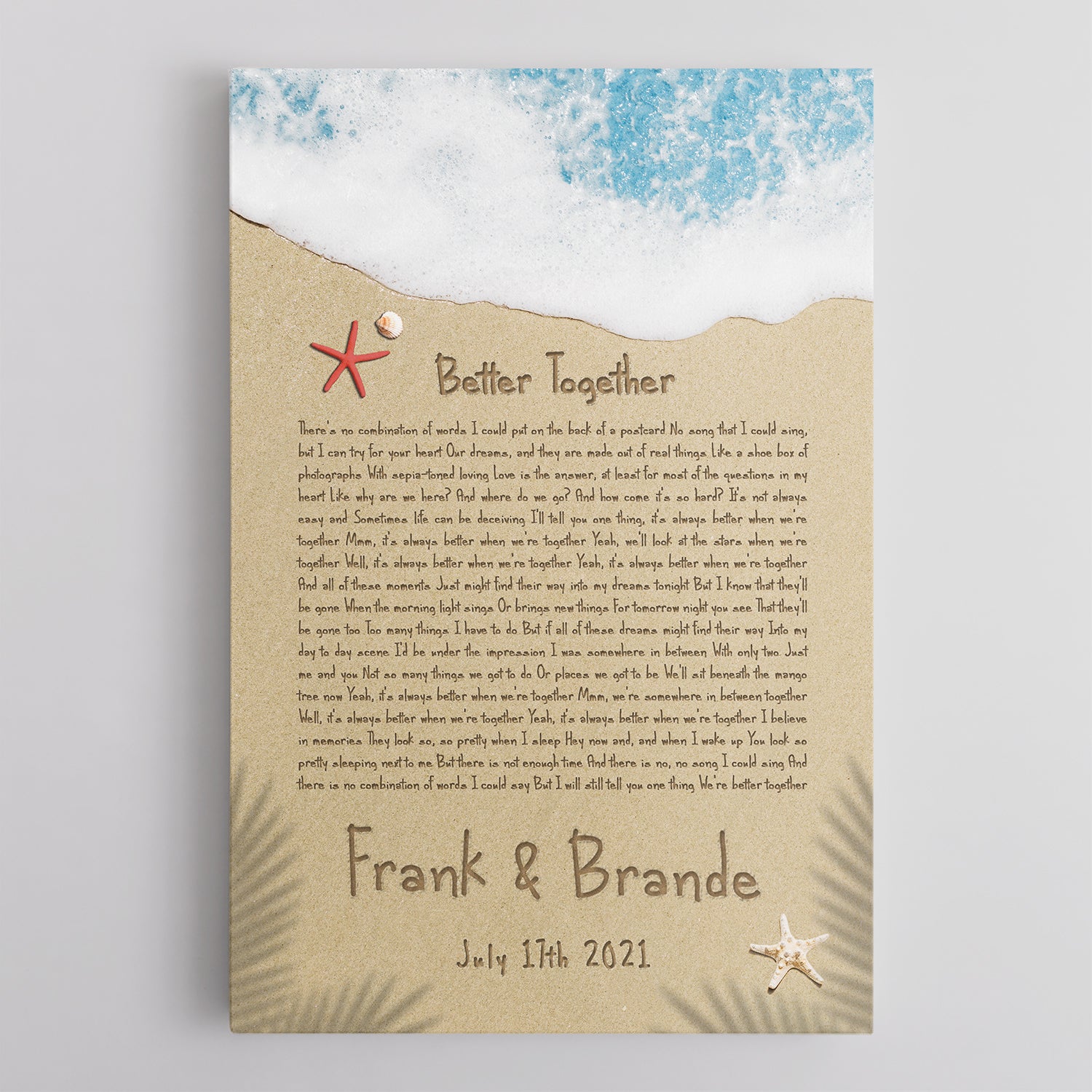 Custom Song Lyrics in The Sand Beach Canvas Wall Art, Custom Name and Date