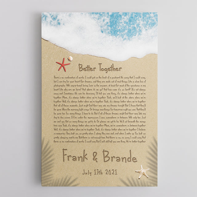 Custom Song Lyrics in The Sand Beach Canvas Wall Art, Custom Name and Date