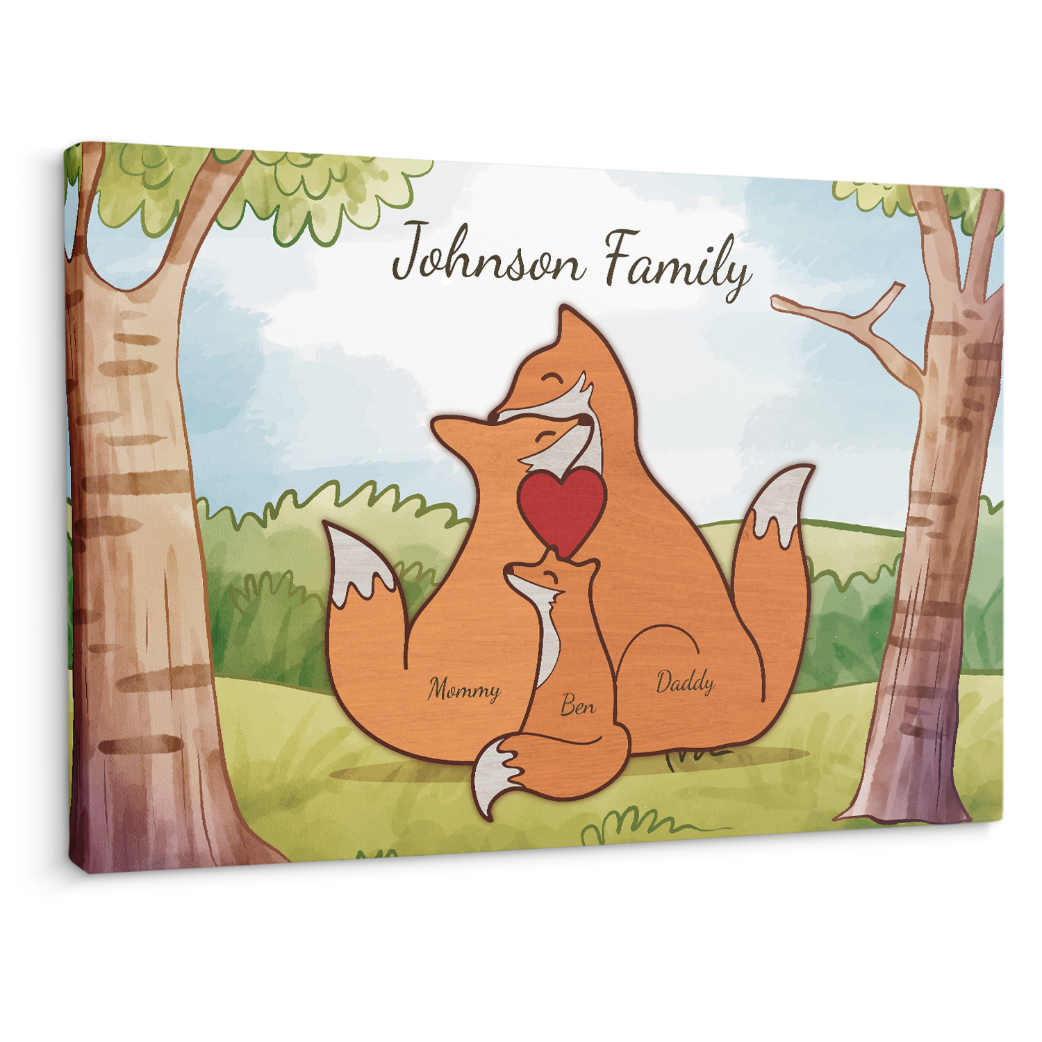 Fox Family Watercolor Canvas, Custom Family Name