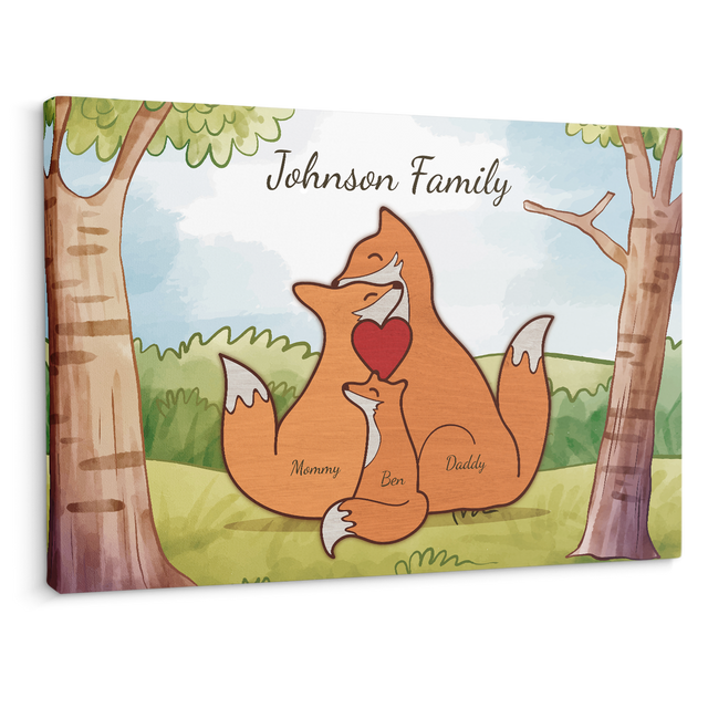 Fox Family Watercolor Canvas, Custom Family Name