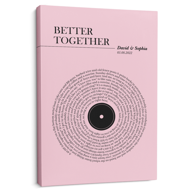 Pink Vinyl Record Canvas Print, Personalized Song Lyrics Canvas Wall Art