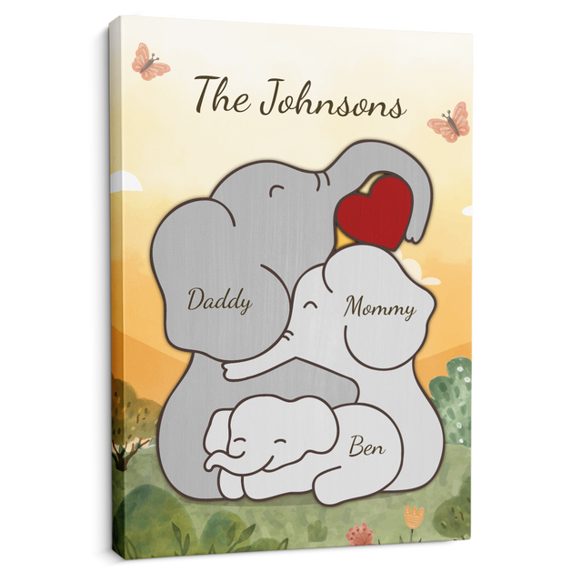 Elephant Family Watercolor Canvas, Custom Family Name