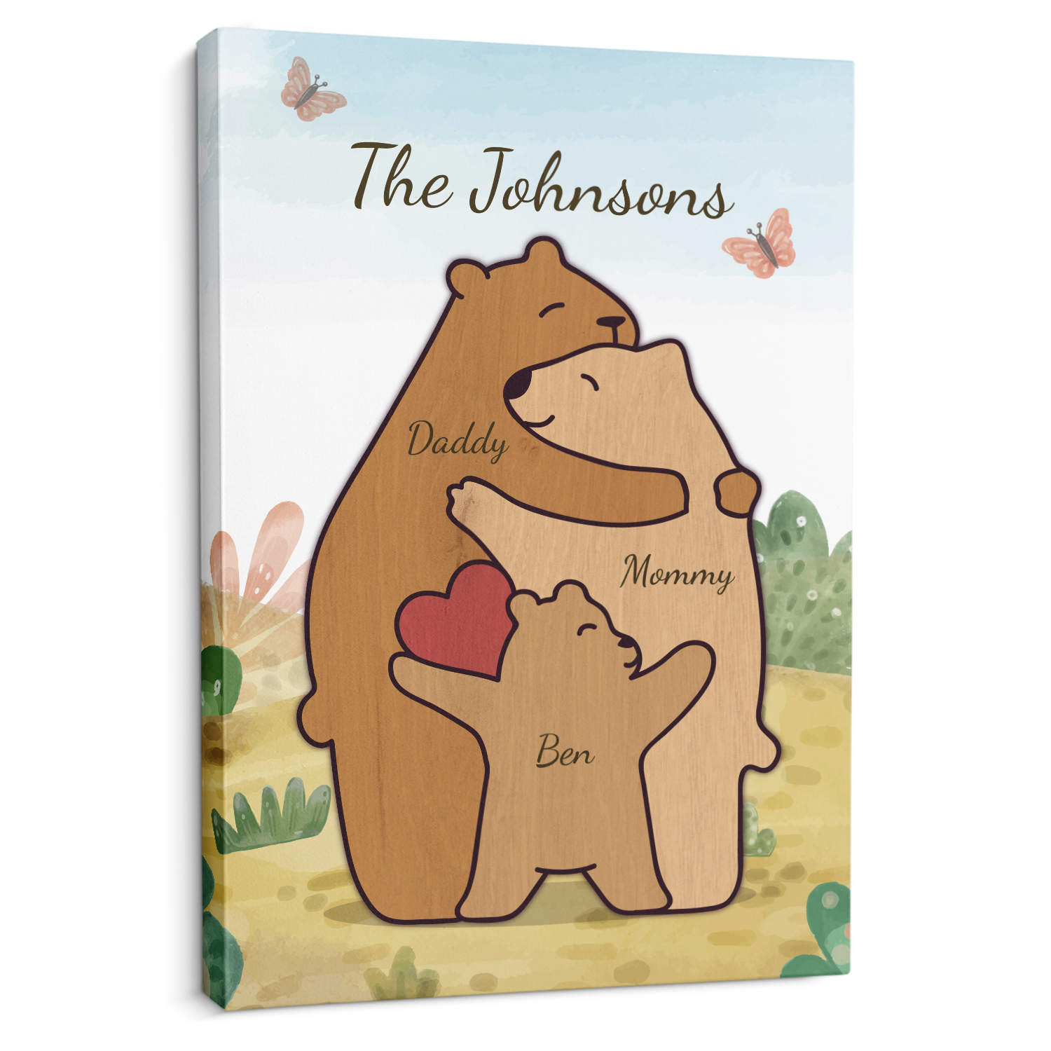 Bear Family Watercolor Canvas, Custom Family Name