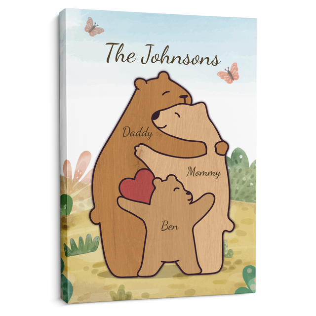 Bear Family Watercolor Canvas, Custom Family Name