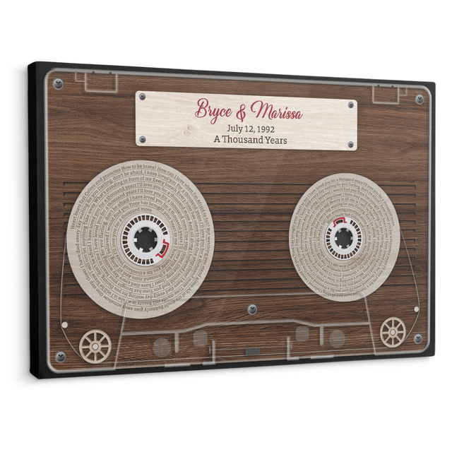 Cassette Tape Custom Song Lyrics, Customizable Text Wood Background Canvas