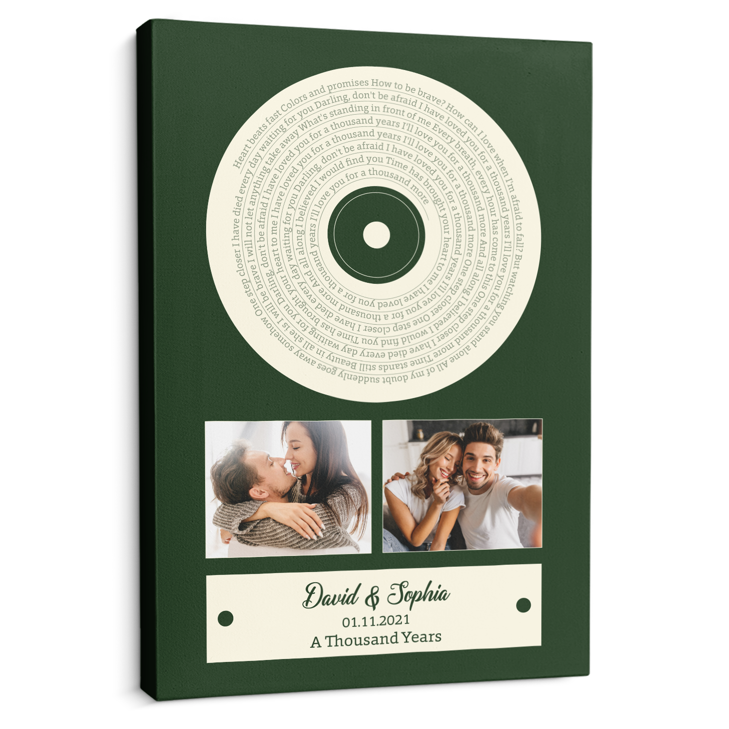 Green Vinyl Record Canvas, Custom Song Lyrics, Upload Photo, 2 Photos