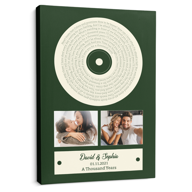 Green Vinyl Record Canvas, Custom Song Lyrics, Upload Photo, 2 Photos