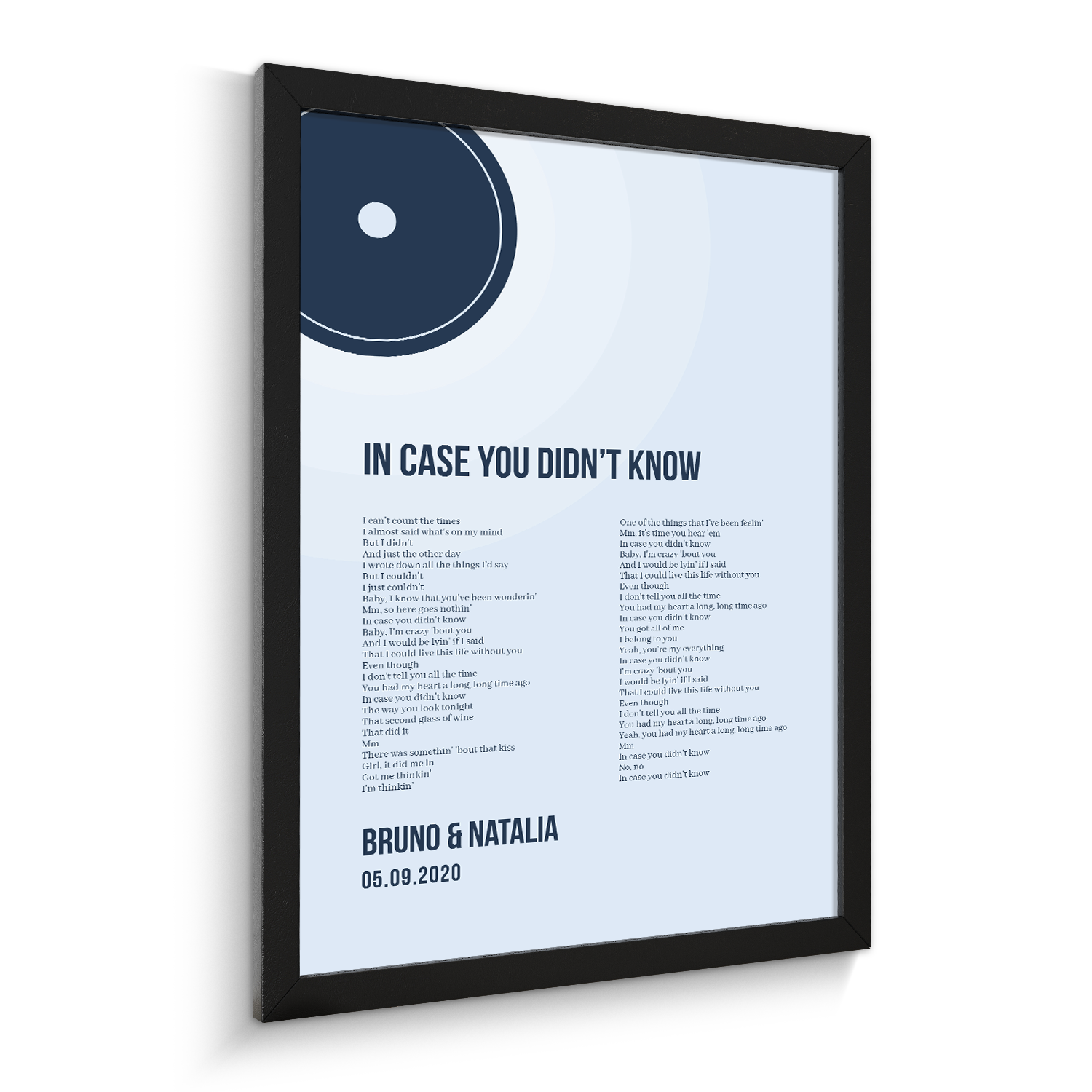 Minimalist Ice Blue Vinyl Record, Custom Song Lyrics Framed Art Print