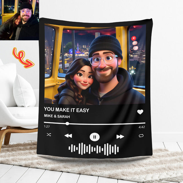 Custom Cartoon Style Photo with Spotify QR Code Blanket
