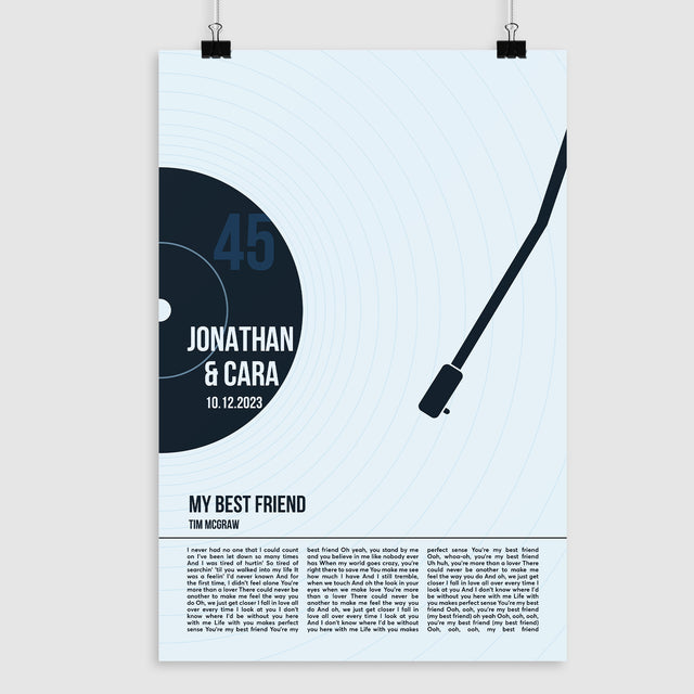 Custom Song Lyrics Framed Art Print, Ice Blue Vinyl Record Wall Art