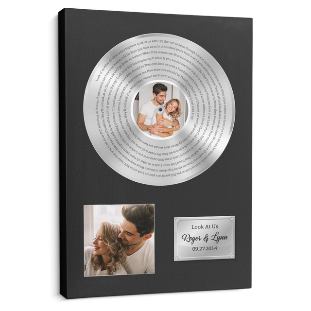 Custom Song Lyrics, Upload Photo, 2 Pictures, Customizable Text Vinyl Record Canvas, Gold Style