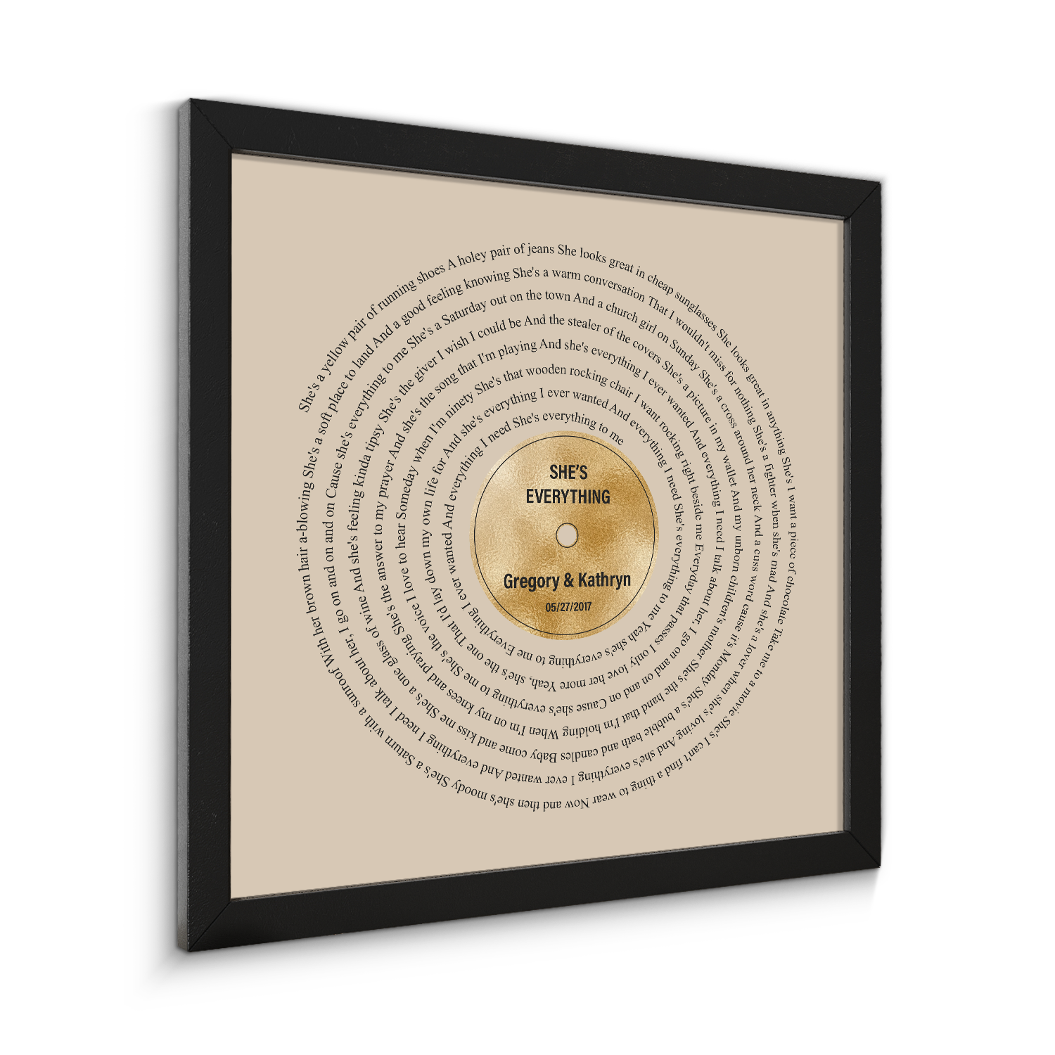 Golden Vinyl Record Lyrics Framed Art Print, Personalized Music Art
