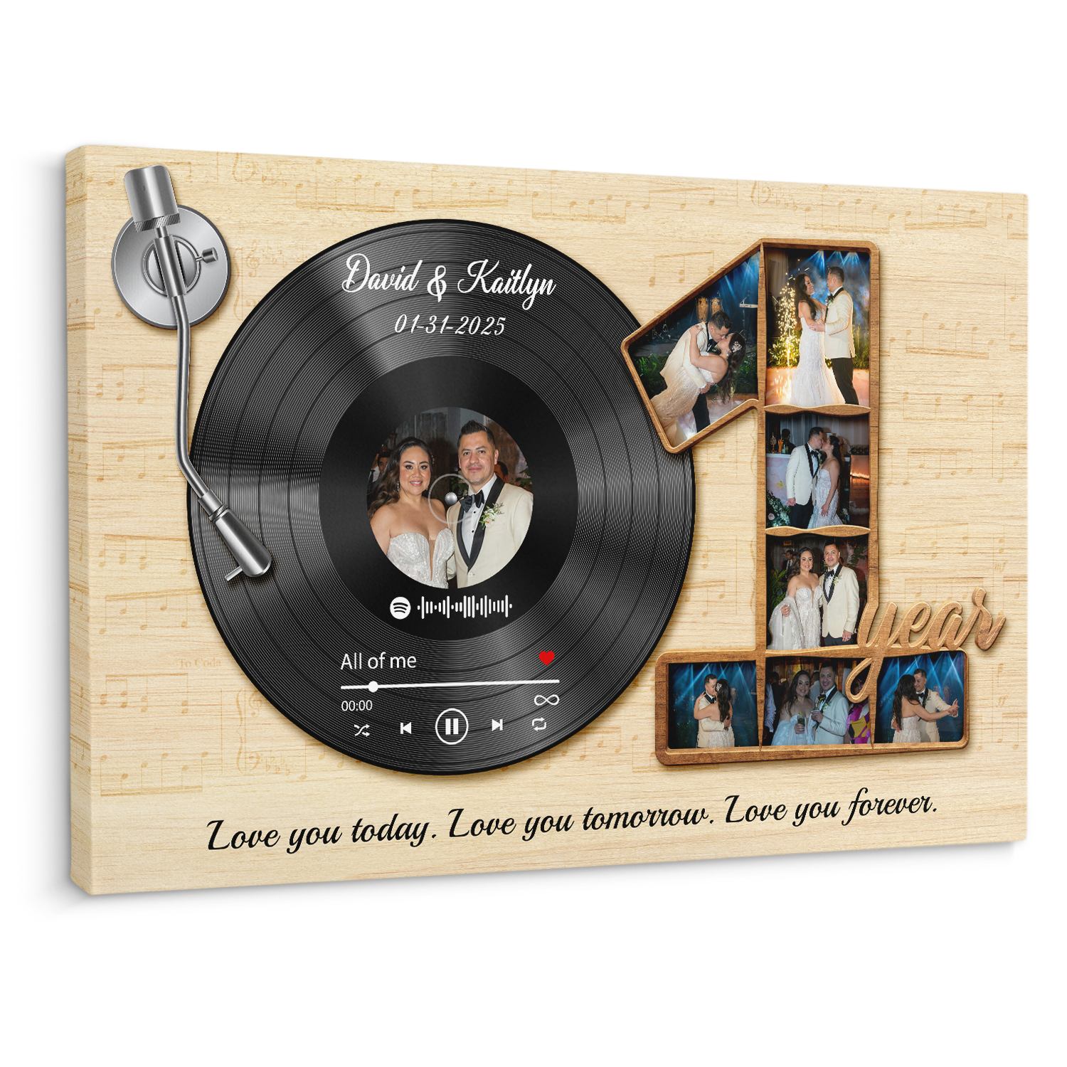 Custom 1st anniversary canvas with vinyl record and photo collage
