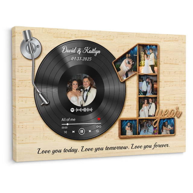 Custom 1st anniversary canvas with vinyl record and photo collage