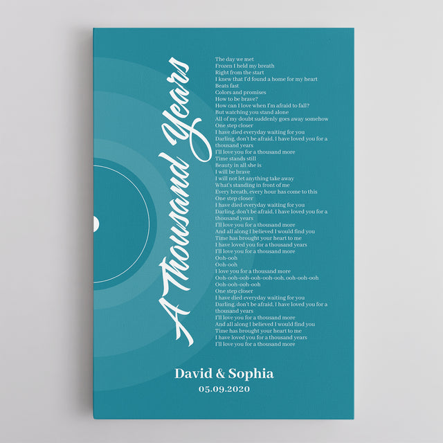 Blue Vinyl Record Canvas Print, Personalized Song Lyrics Canvas Wall Art