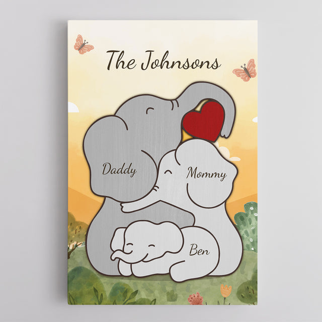 Elephant Family Watercolor Canvas, Custom Family Name