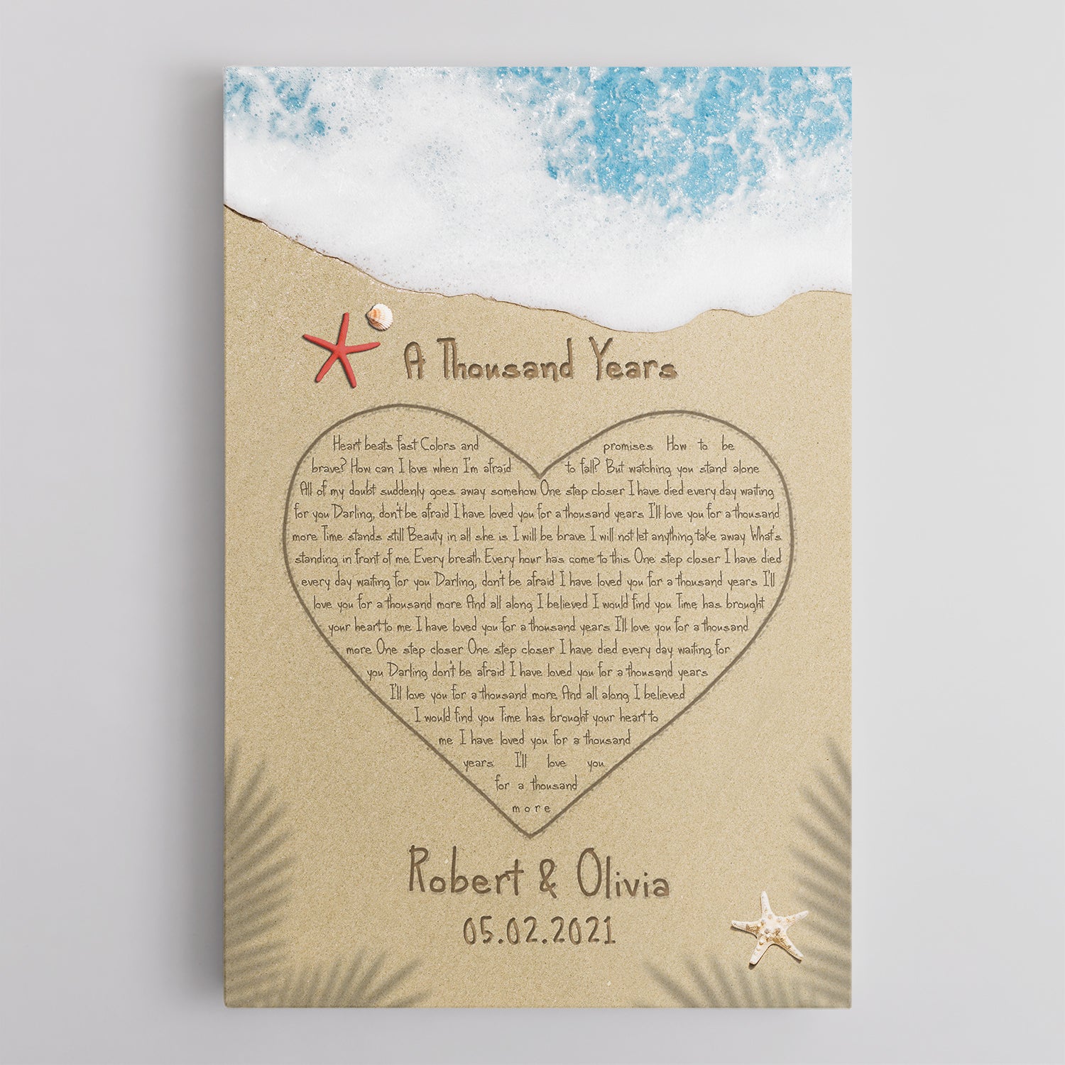 Custom Song Lyrics in The Sand Beach, Heart Shape, Canvas Wall Art, Customizable Name and Date