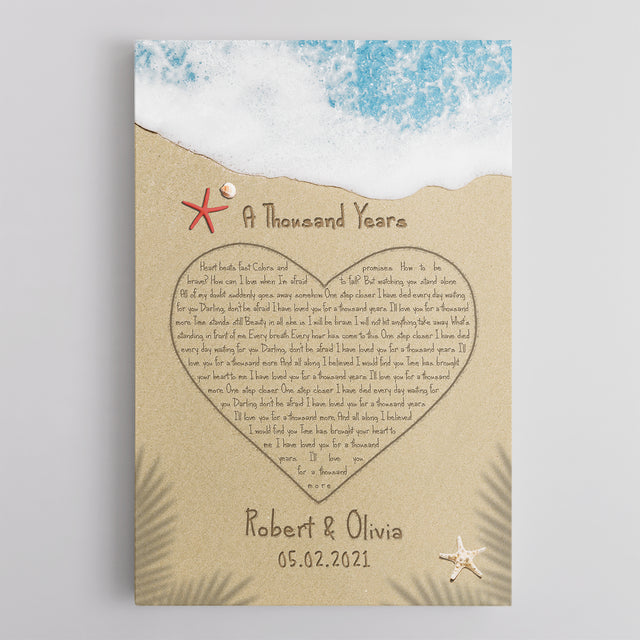 Custom Song Lyrics in The Sand Beach, Heart Shape, Canvas Wall Art, Customizable Name and Date