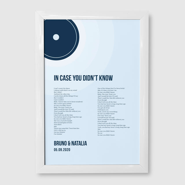 Minimalist Ice Blue Vinyl Record, Custom Song Lyrics Framed Art Print