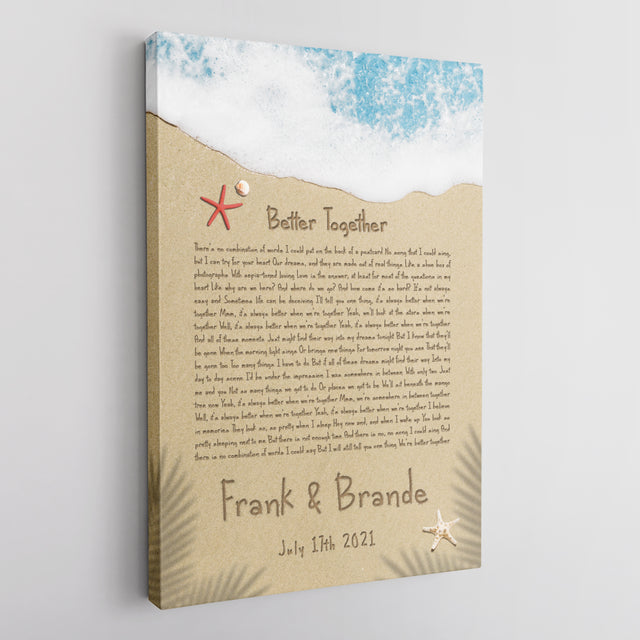 Custom Song Lyrics in The Sand Beach Canvas Wall Art, Custom Name and Date
