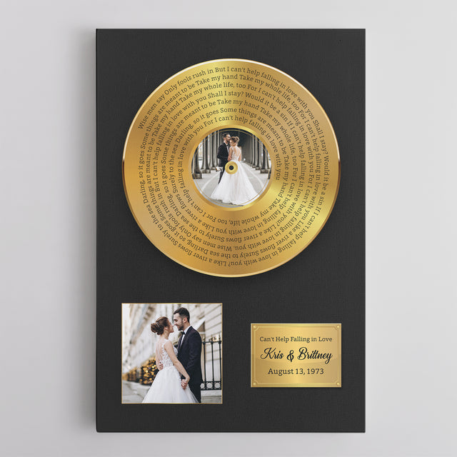 Custom Song Lyrics, Upload Photo, 2 Pictures, Customizable Text Vinyl Record Canvas, Gold Style