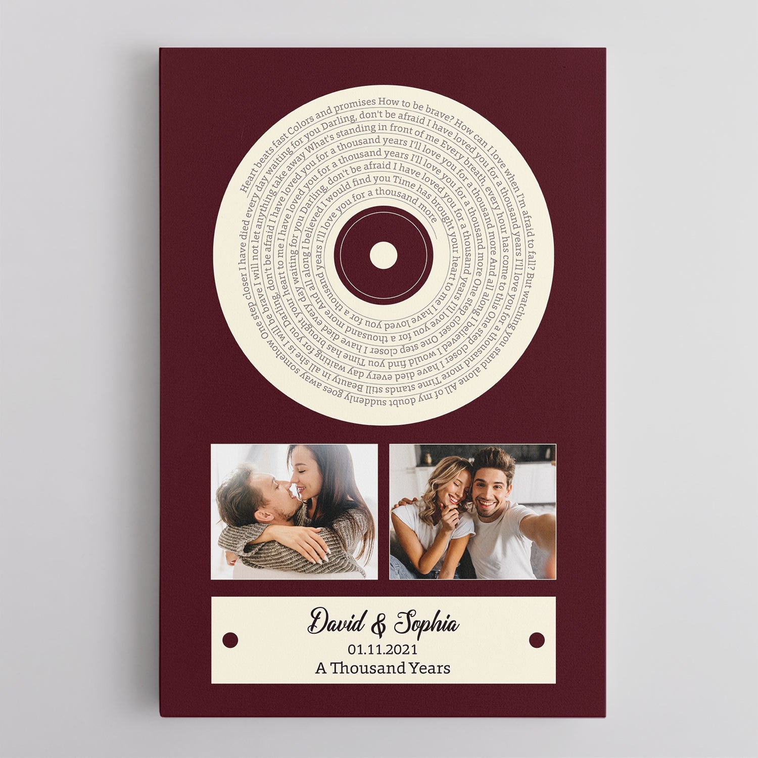 Red Vinyl Record Canvas Print, Customize Song Lyrics & Name Wall Art
