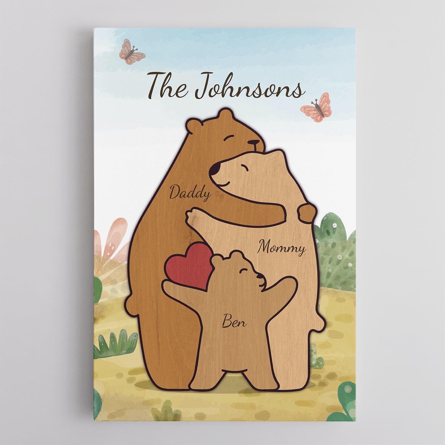 Bear Family Watercolor Canvas, Custom Family Name