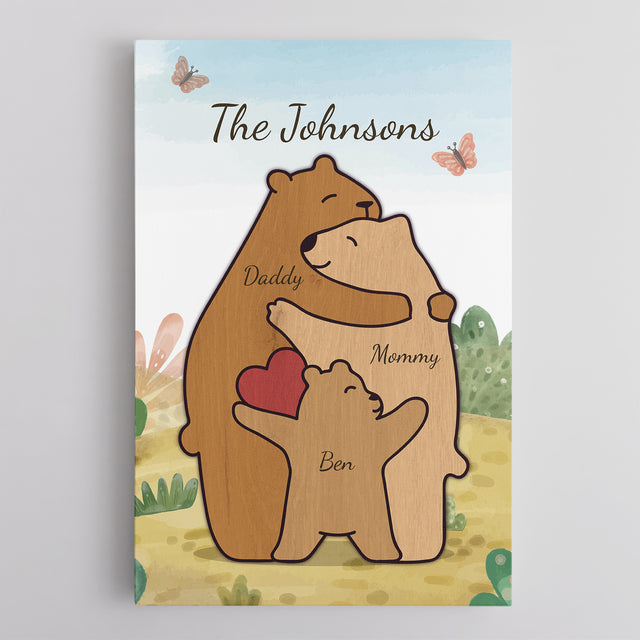 Bear Family Watercolor Canvas, Custom Family Name