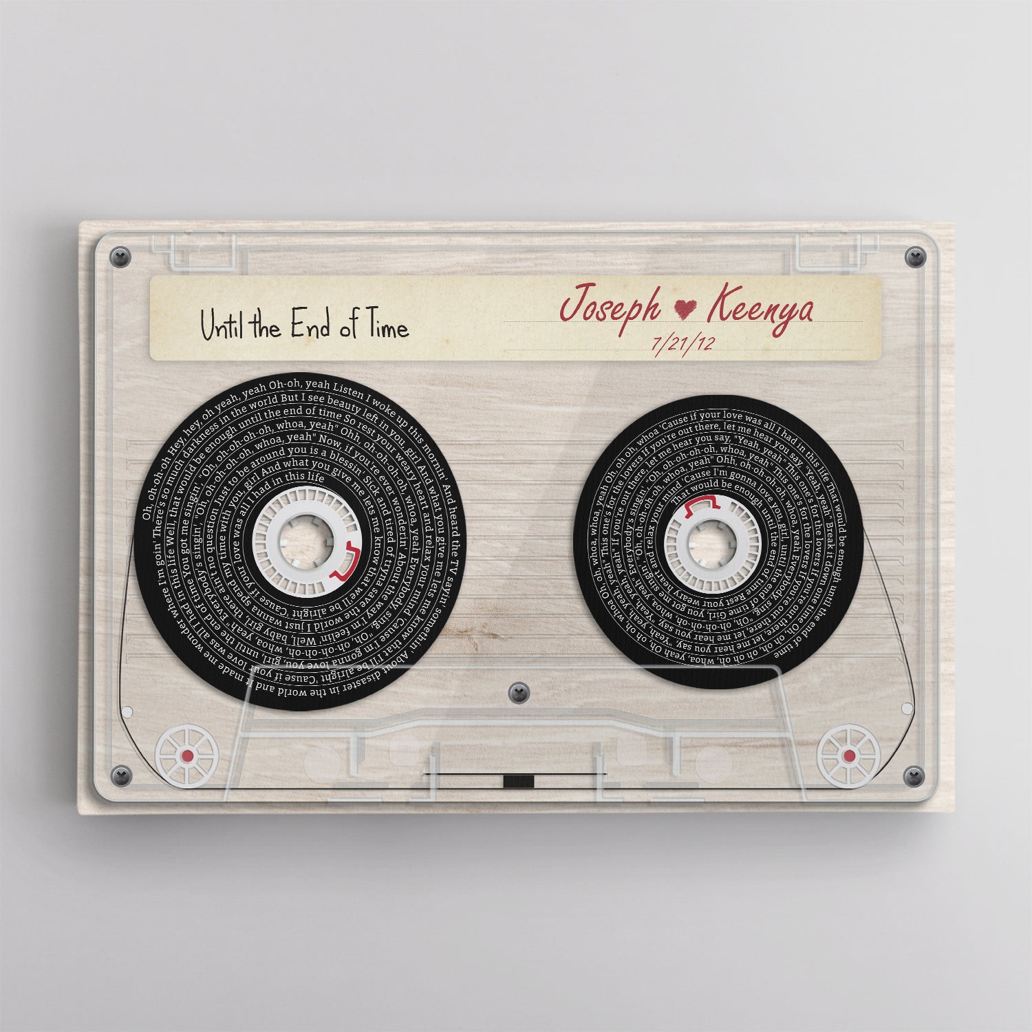 Custom Song Lyrics, Customizable Text Cassette Tape Light Wood Background Canvas