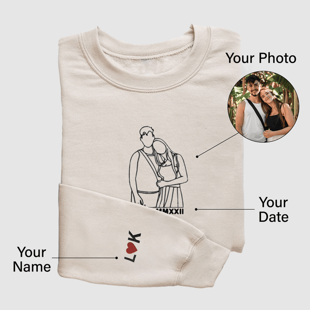 Personalized Embroidered Sweatshirt for Couples, Custom Couple Portrait Line Art