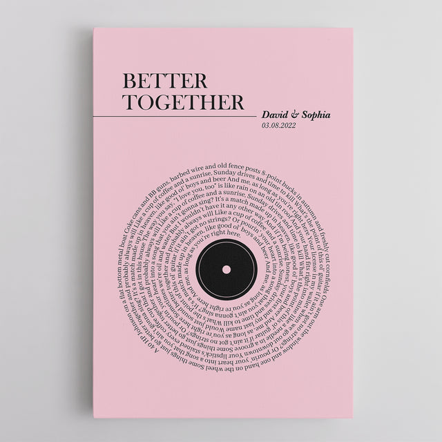 Pink Vinyl Record Canvas Print, Personalized Song Lyrics Canvas Wall Art