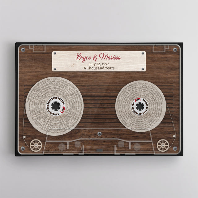 Cassette Tape Custom Song Lyrics, Customizable Text Wood Background Canvas