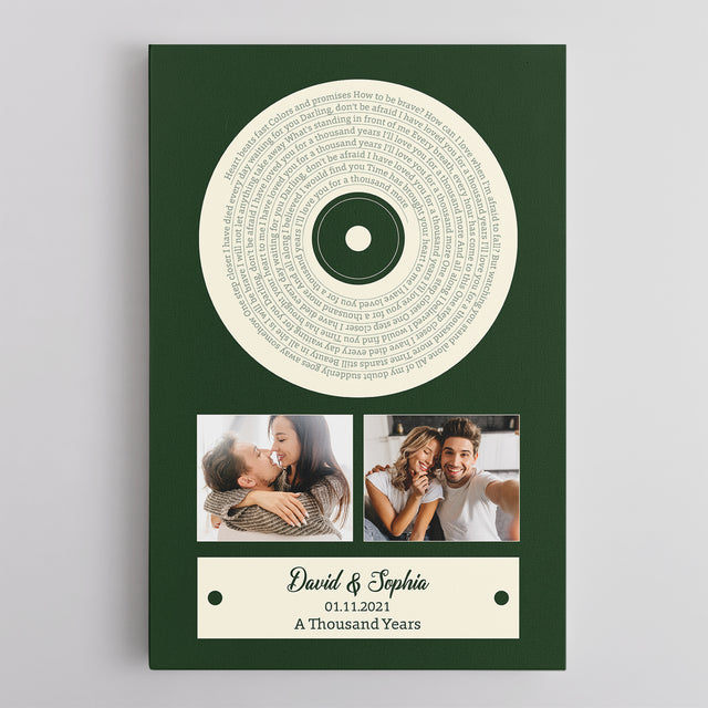 Green Vinyl Record Canvas, Custom Song Lyrics, Upload Photo, 2 Photos