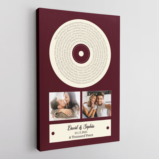 Red Vinyl Record Canvas Print, Customize Song Lyrics & Name Wall Art