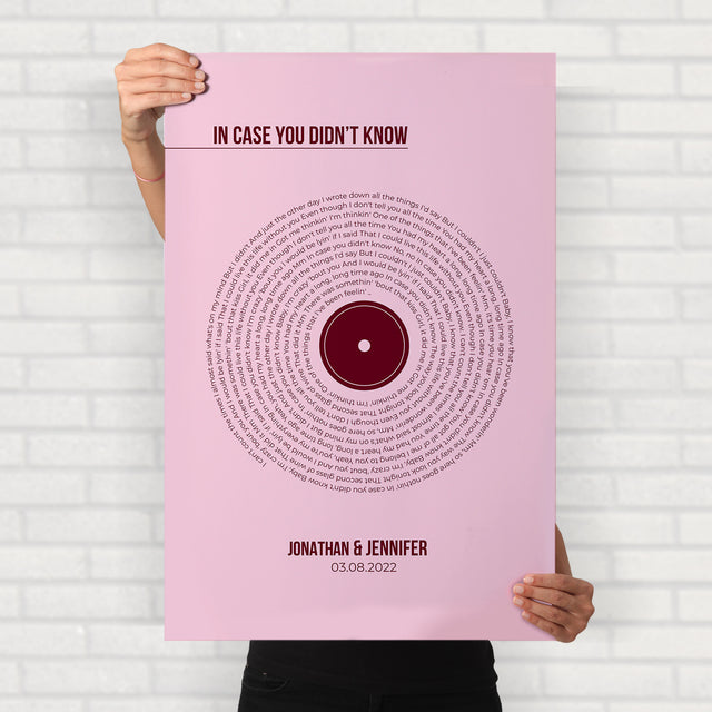 Custom Song Lyrics Print, Pastel Pink Vinyl Record Wall Art