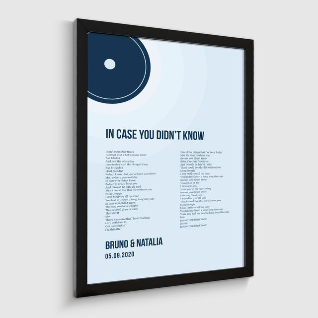 Minimalist Ice Blue Vinyl Record, Custom Song Lyrics Framed Art Print