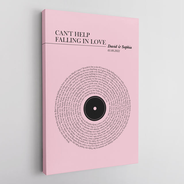 Pink Vinyl Record Canvas Print, Personalized Song Lyrics Canvas Wall Art