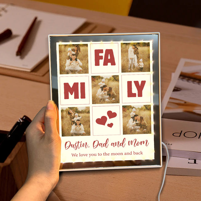 FAMILY Photo Collage with Names & Message - Custom Led Mirror Framed Lamp