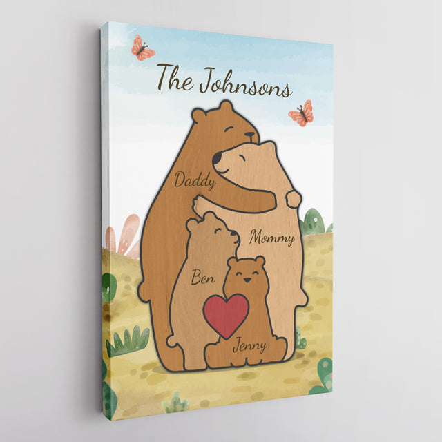 Bear Family Watercolor Canvas, Custom Family Name