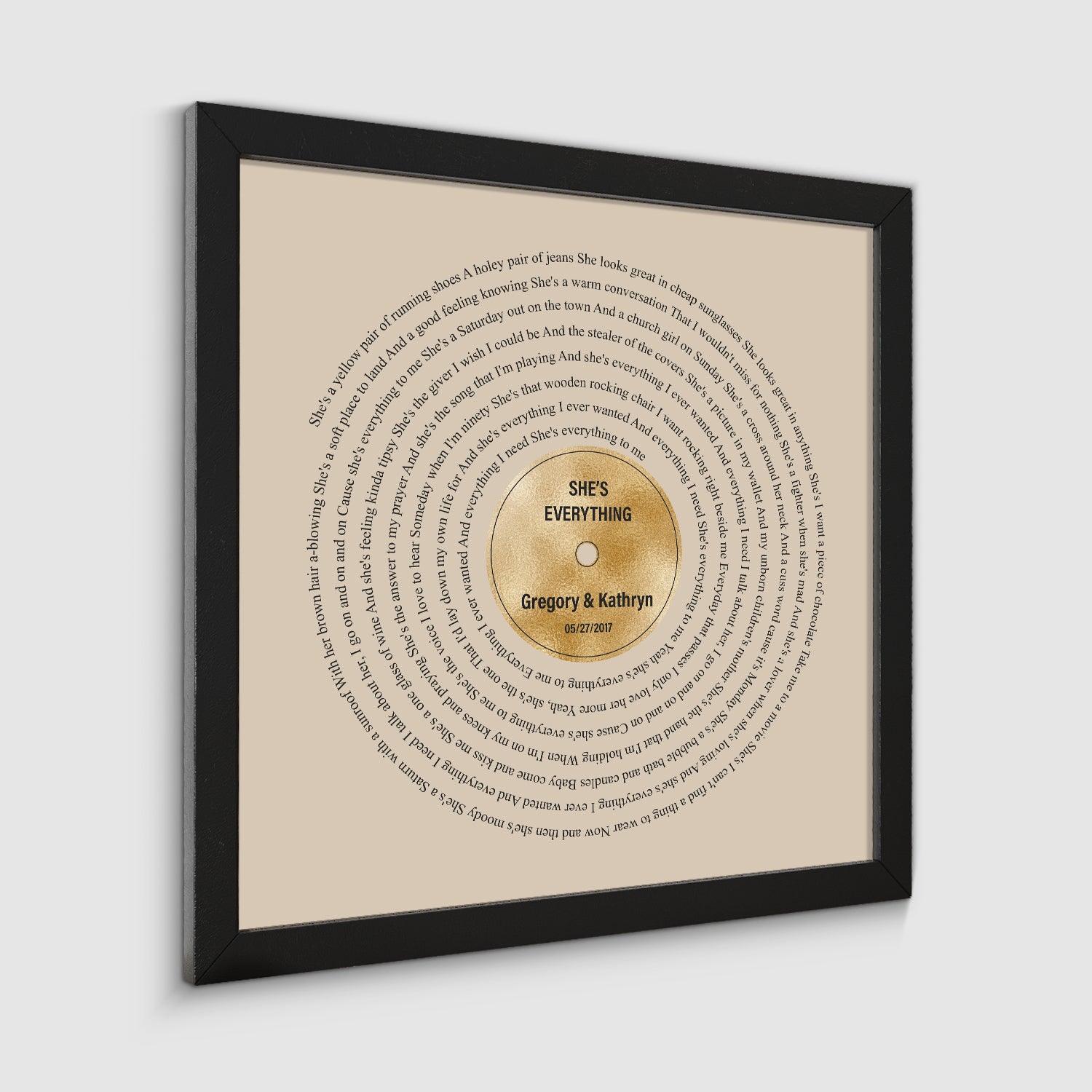Golden Vinyl Record Lyrics Framed Art Print, Personalized Music Art