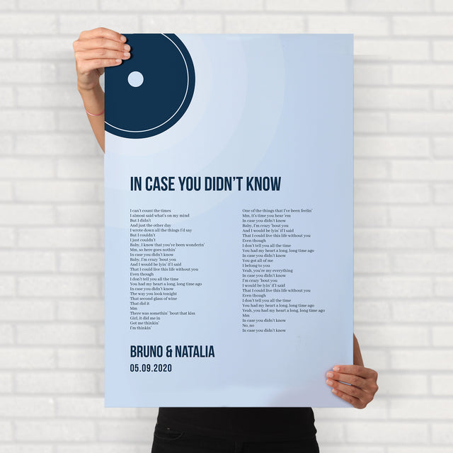 Minimalist Ice Blue Vinyl Record, Custom Song Lyrics Framed Art Print