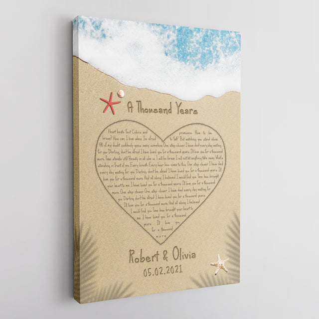 Custom Song Lyrics in The Sand Beach, Heart Shape, Canvas Wall Art, Customizable Name and Date