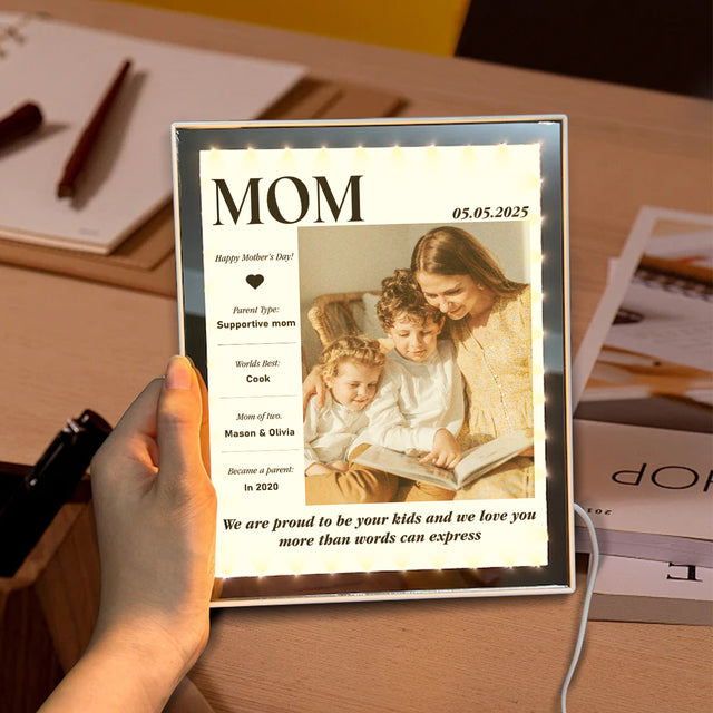 Custom LED Mirror Frame Lamp – Personalized Photo & Magazine Cover for Mom
