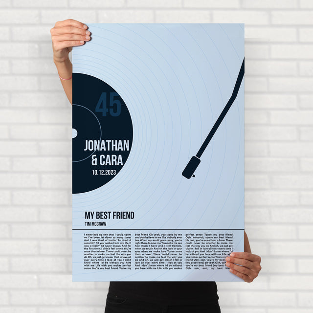 Custom Song Lyrics Framed Art Print, Ice Blue Vinyl Record Wall Art