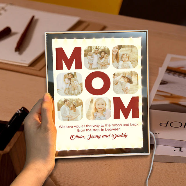 Custom LED Mirror Frame Lamp – Personalized MOM Photo Collage & Message
