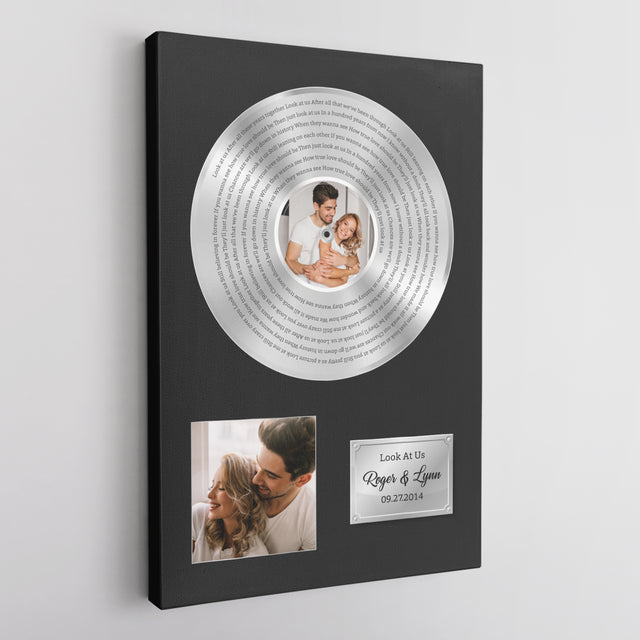 Custom Song Lyrics, Upload Photo, 2 Pictures, Customizable Text Vinyl Record Canvas, Gold Style