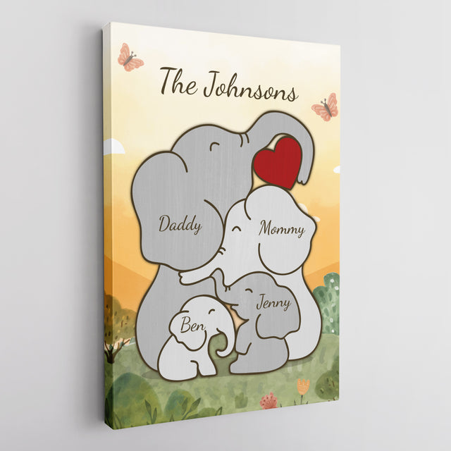 Elephant Family Watercolor Canvas, Custom Family Name