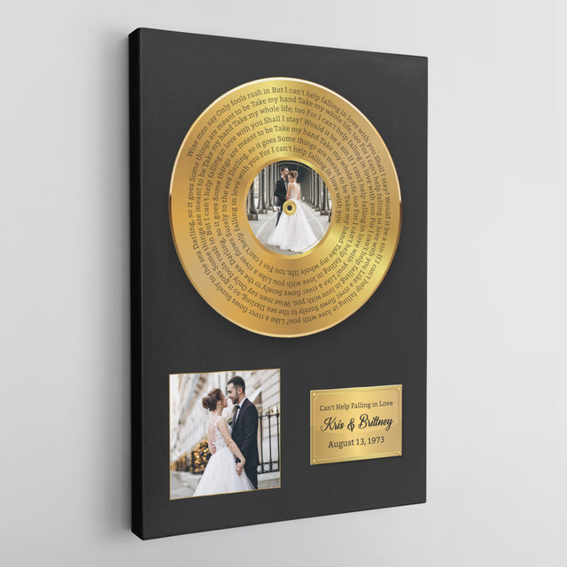 Custom Song Lyrics, Upload Photo, 2 Pictures, Customizable Text Vinyl Record Canvas, Gold Style