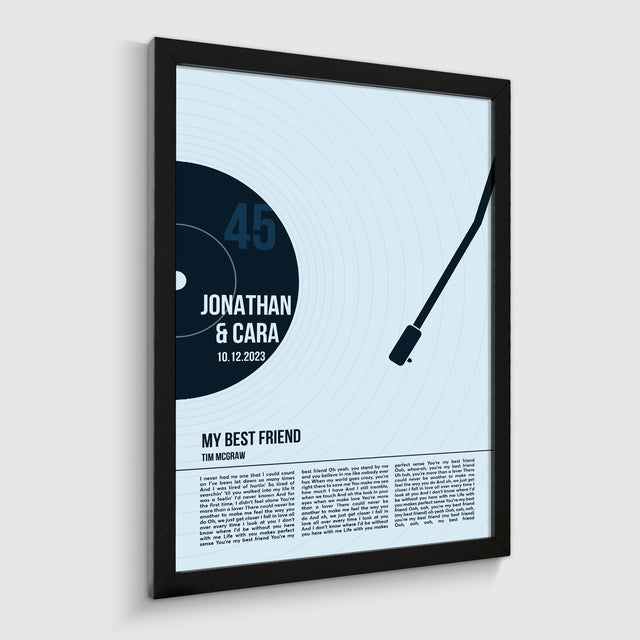 Custom Song Lyrics Framed Art Print, Ice Blue Vinyl Record Wall Art